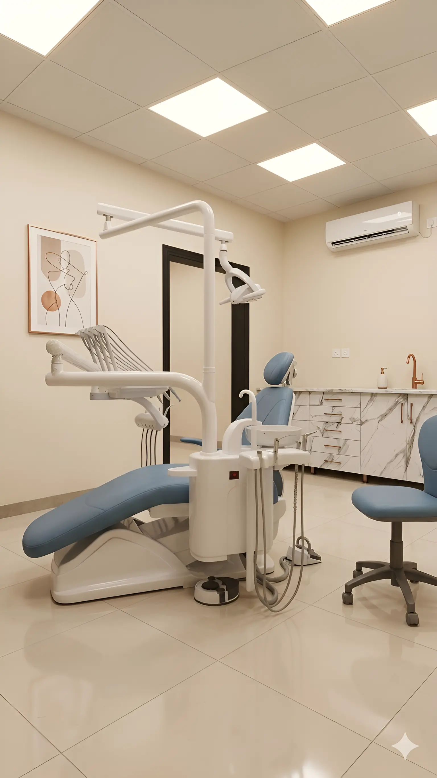 A Denlux treatment room: a blue dental chair under warm overhead light, with cabinetry and a chairside monitor
